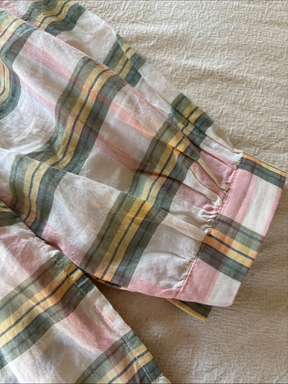 Trovata Birds of ParadiseButton-Front Plaid Cotton Blouse in Pink, Green & Cream - Picture 3 of 3